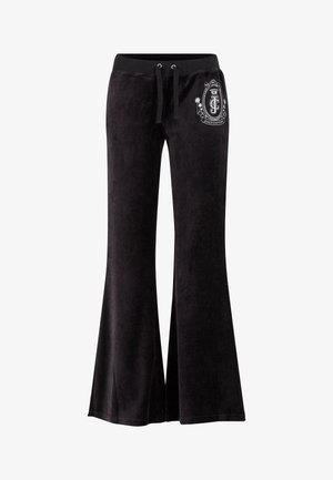 Mustad kõrge vöökohaga sametist flared püksid, millel on stringiga vöökoht ja ülemises reies tikandiga logo. Sile tekstuur.