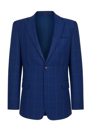 Niebieski marynarka w kratę z wykładanym kołnierzem, zapięciem na jeden guzik i dwoma przednimi kieszeniami. Posiada zielony wzór siatki na teksturowanej tkaninie.