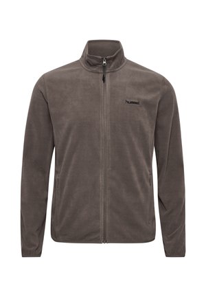 Donkergrijs fleecejack voor heren met volledige ritssluiting, opstaande kraag en klein "hummel"-logo op de linkerborst, voorzien van zijritszakken.