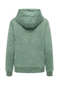Felpa verde con cappuccio caratterizzata da un motivo floreale con finitura texturizzata, maniche lunghe e polsini e orlo a coste.