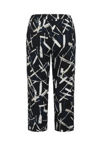 Cropped pants in black fabric with a bold geometric pattern in white and navy blue, featuring an elastic waistband and a relaxed fit.