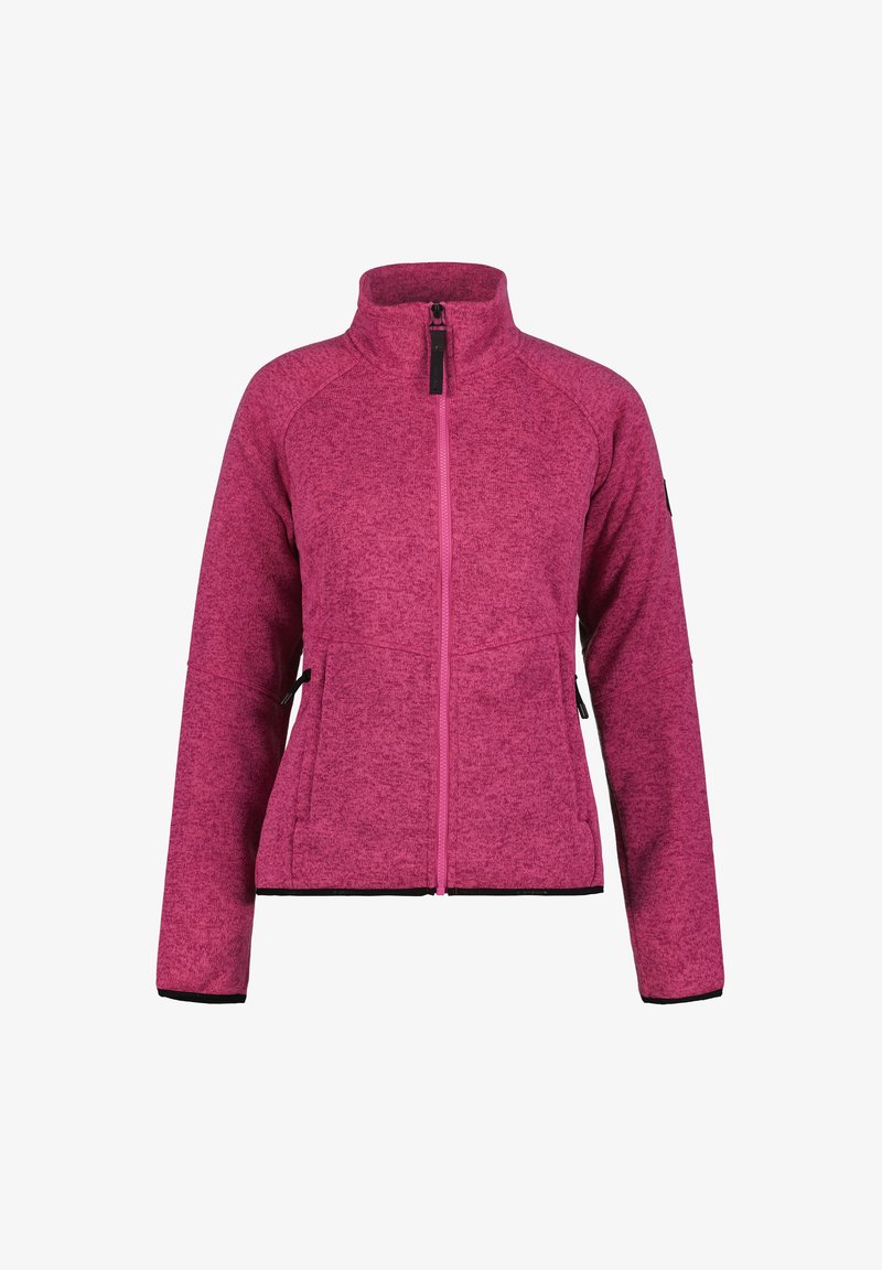 Giacca in pile di un vivace colore rosa brillante, con colletto alto, zip frontale completa, due tasche laterali e rifiniture nere sui polsini e sull'orlo.