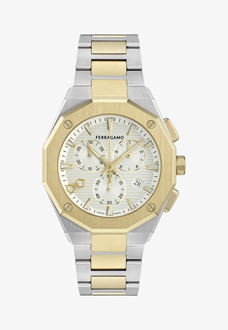 Silver and gold-tone stainless steel watch with an octagonal face, textured white dial, three subdials, and date display at 6 o'clock.