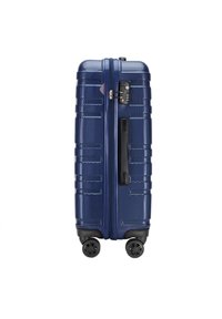 Valigia rigida di colore blu scuro, con superficie texture, chiusura con doppia zip, lucchetto a combinazione integrato e quattro ruote per la mobilità.