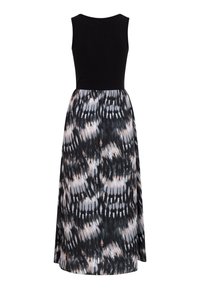 Ärmelloses schwarzes Oberteilkleid mit einem langen, fließenden Rock mit einem schwarzen, weißen und grauen abstrakten Muster.