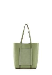 Sac cabas en cuir vert au design structuré, doté de longues anses et d'une poche avant. Texture lisse avec des accents contrastants.
