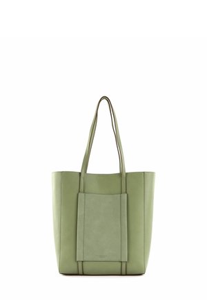 Sac cabas en cuir vert au design structuré, doté de longues anses et d'une poche avant. Texture lisse avec des accents contrastants.