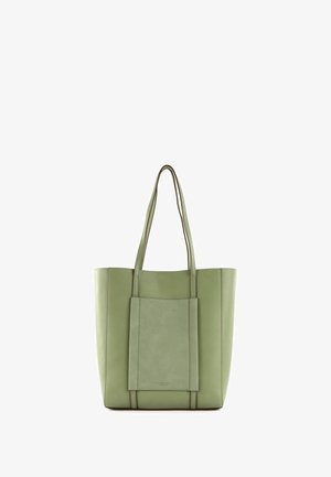 Sac cabas en cuir vert au design structuré, doté de longues anses et d'une poche avant. Texture lisse avec des accents contrastants.