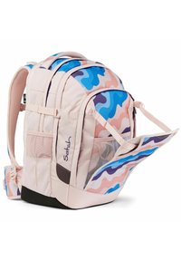 Backpack with a pink base, blue and lavender abstract pattern. Features mesh pockets, adjustable straps, and a padded back panel.