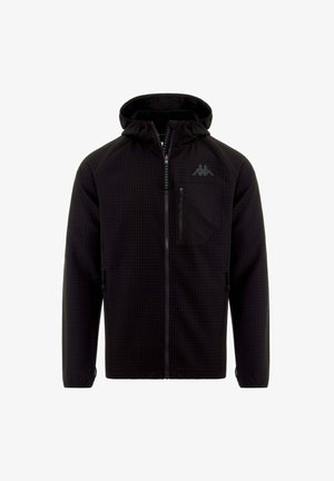 Giubbotto nero con cappuccio, dotato di un motivo testurizzato, chiusura frontale con zip, tasche laterali, polsini regolabili e logo sul lato sinistro del petto.