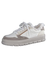 Λευκά και ανοιχτό γκρι παπούτσια αθλητικά με σουέτ και δέρμα, χοντρή καουτσούκ σόλα, υφασμάτινες λεπτομέρειες και ψεύτικη γούνα στη γραμμή του κολάρου.