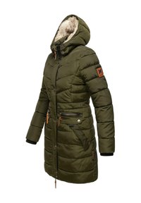 Olive green puffer jacket with a fur-lined hood, zippered pockets, chest patch, and ribbed cuffs. Features horizontal stitching and accents.