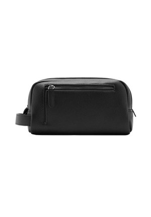 Bolsa de aseo de cuero negro con un bolsillo delantero con cremallera, asa lateral y superficie texturizada, mostrada sobre un fondo blanco.