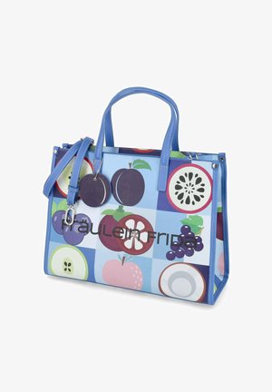 Blue handbag with fruit patterns including plums, grapes, apples, and coconuts, featuring two handles, a detachable strap, and a round plum keychain.