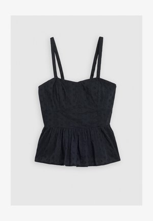 Svart, ermeløs peplum-topp med tynne stropper, med et teksturert blomstermønster og strukturert bol, mykt stoff og flagrende nederkant.