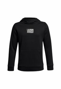 Sudadera negra de tela suave, con un bolsillo frontal, puños acanalados y un logo blanco impreso en un diseño apilado en el pecho.
