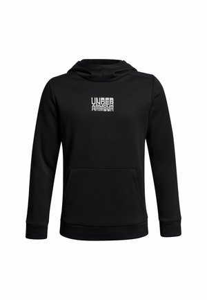 Zwarte hoodie van zachte stof, met een voorzak, ribgebreide boorden en een wit logo dat in een gestapeld ontwerp op de borst is gedrukt.
