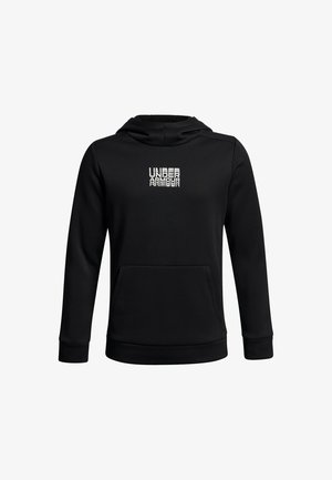 Black hoodie made of soft fabric, featuring a front pocket, ribbed cuffs, and a white logo printed in a stacked design on the chest.