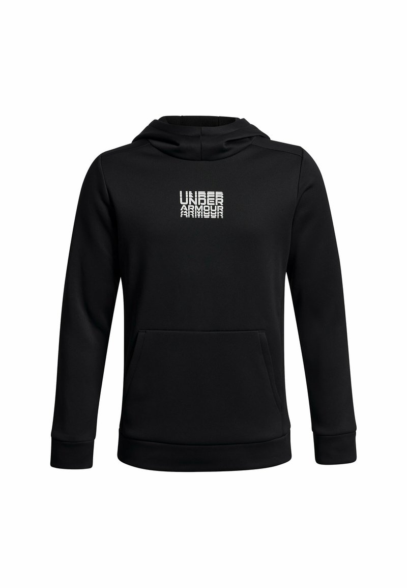Sudadera negra de tela suave, con un bolsillo frontal, puños acanalados y un logo blanco impreso en un diseño apilado en el pecho.