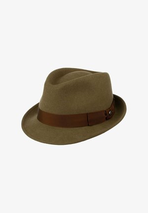 Brown felt fedora hat with a dark brown fabric band and a small decorative button on the side.