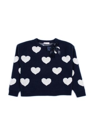 Maglione navy con motivi a cuore bianchi, polsini a coste e scollo rotondo. Include un accento con fiocco nero sul davanti.