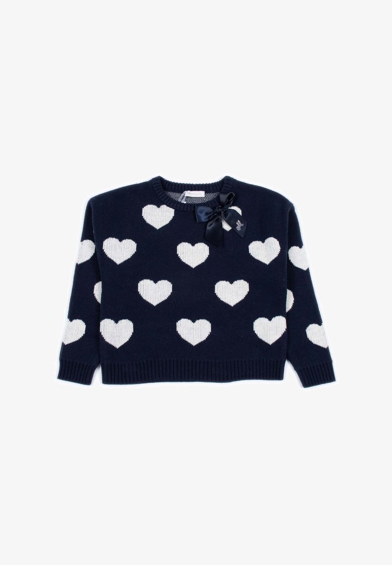 Maglione navy con motivi a cuore bianchi, polsini a coste e scollo rotondo. Include un accento con fiocco nero sul davanti.