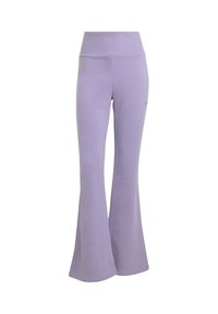 Fialové rozšírené nohavice z mäkkého materiálu s vysokým pásom. Majú hladký povrch a čisté línie, vhodné na bežné nosenie.