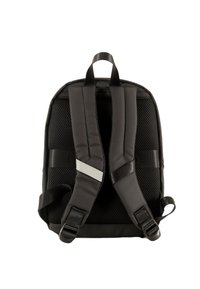 Mochila negra con respaldo y tirantes acolchados de malla. Cuenta con un detalle reflectante y correas ajustables para mayor comodidad y soporte.