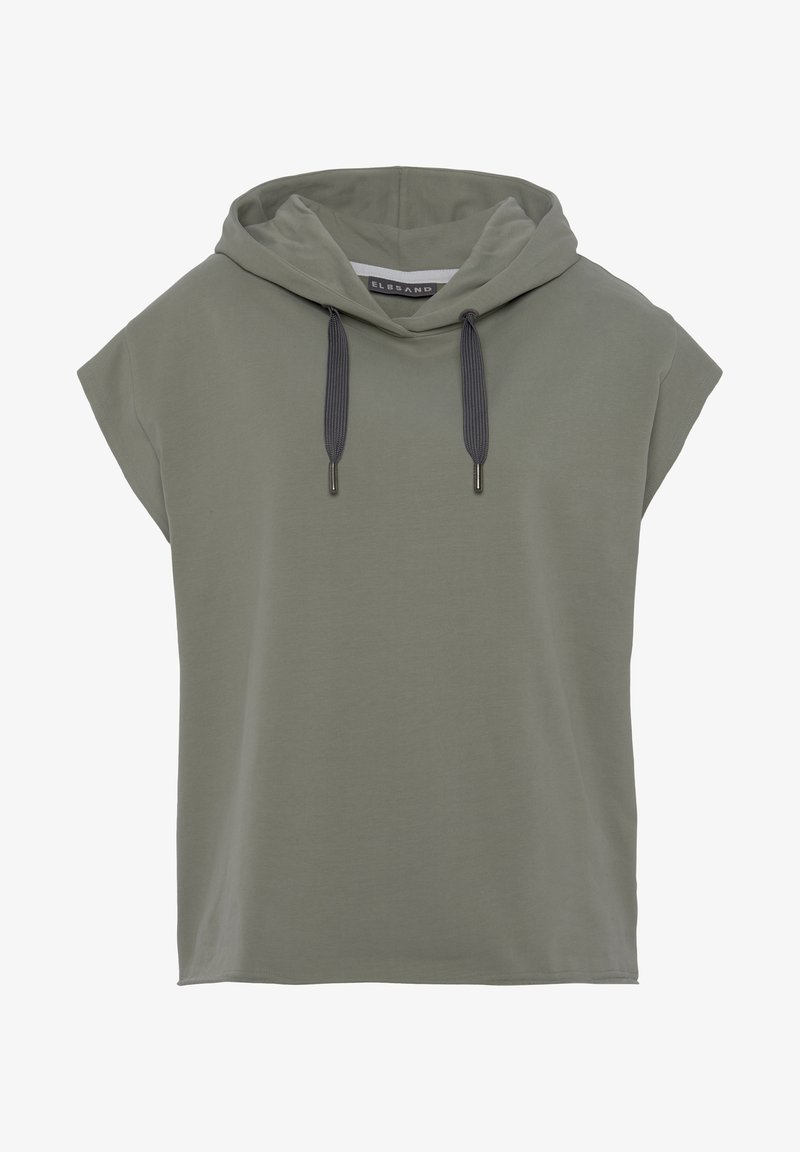 Maglietta a maniche corte con cappuccio in verde oliva, realizzata in tessuto morbido. Caratterizzata da una vestibilità ampia, maniche larghe e coulisse a contrasto.