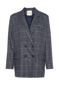 Doppelreihiger Blazer in Marineblau mit Karomuster, aus strukturiertem Stoff gefertigt. Verfügt über schwarze Knöpfe und zwei Vordertaschen.