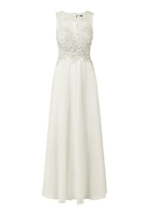 White gown featuring a sleeveless design, lace bodice, and flowing skirt. The lace has floral patterns with a sheer overlay for texture.