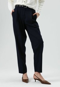 Marineblauwe op maat gemaakte broek met plooien en zijzakken, gecombineerd met bruine slingback-hakken met een spitse neus. Zachte textuur, modern ontwerp.