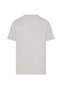 Gray cotton t-shirt, short sleeves, classic crew neck, plain back with no graphics or patterns, smooth texture.