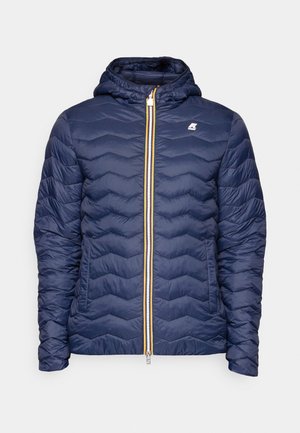 Giacca puffer navy con design a zigzag, cappuccio e zip frontale con accenti gialli. Presenta un piccolo logo sul petto.