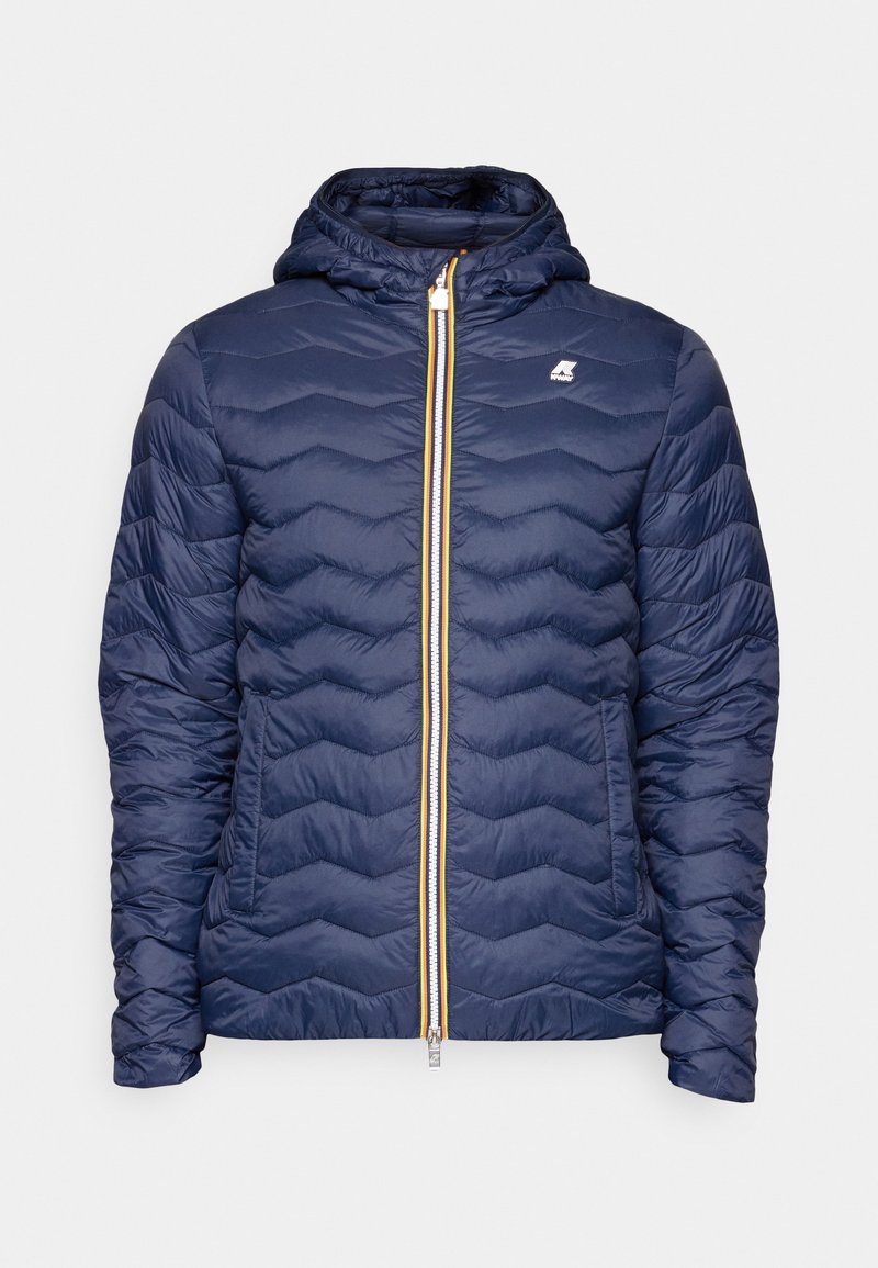 Navy puffer jacket with a chevron quilted design, hood, and a front zipper with a yellow accent. Features a small logo on the chest.