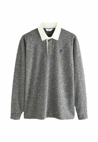 Langærmet polo i herringbone mønster, grå med krave i hvid. Har et lille blåt logo på brystet. Blødt, struktureret stof.