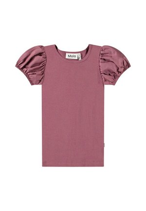 Krótka bluzka z krótkim rękawem w miękkim, mauve'owym materiale bawełnianym z puffowanymi satynowymi rękawami, z okrągłym dekoltem i klasycznym krojem.