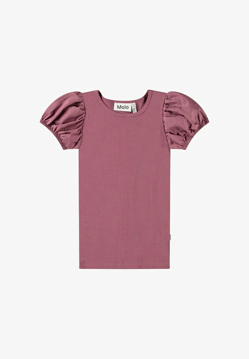 Kortærmet top i blød, mauve bomuldsstof med pufærmer af satin, med en rund halsudskæring og en klassisk pasform.