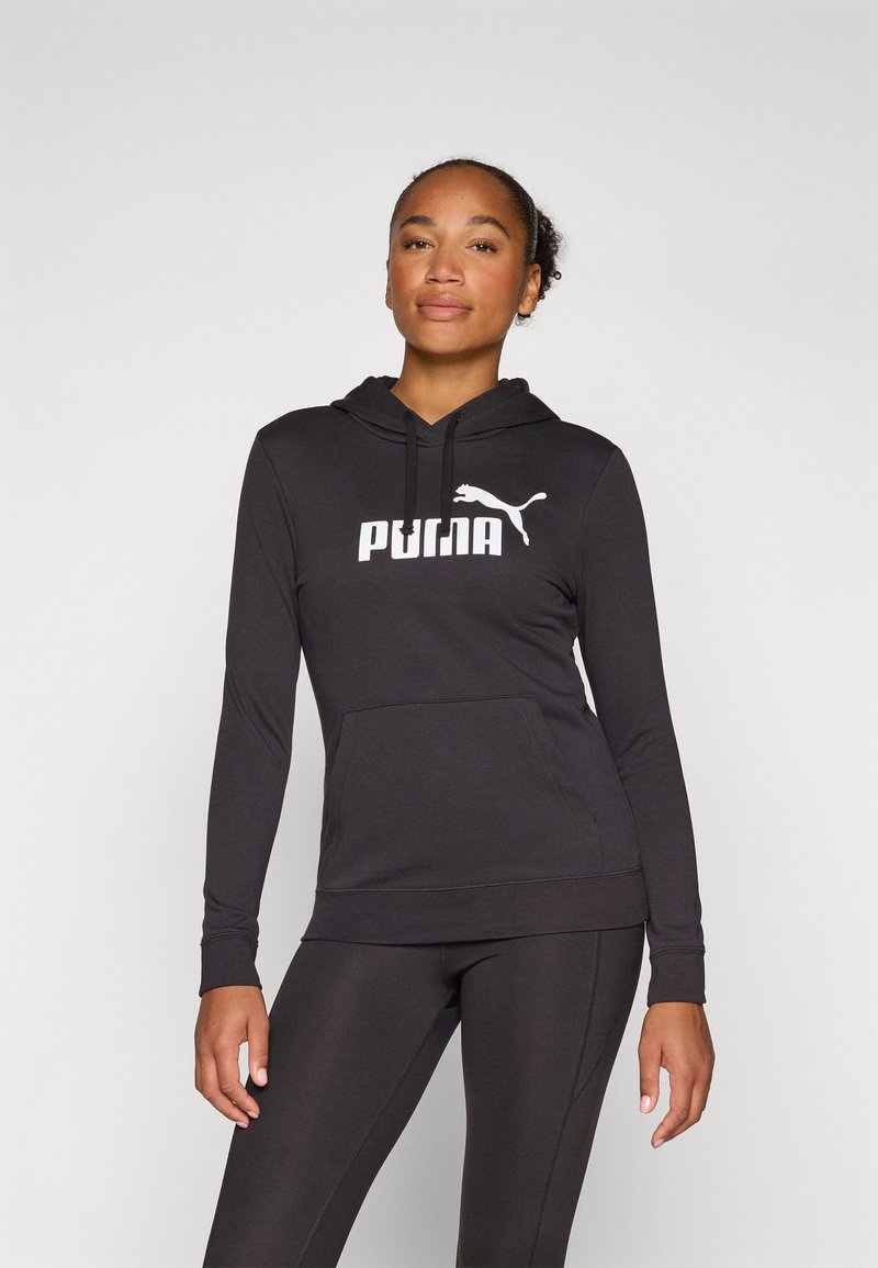 Felpa nera con cappuccio realizzata in morbido tessuto, maniche lunghe, tasca a marsupio e logo Puma bianco sul petto. Progettata per attività sportive o per un look casual.