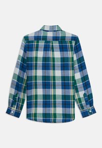 Chemise à carreaux à manches longues présentant des motifs en plaid bleu, vert et blanc, avec des poignets à bouton et un pli dans le dos pour plus de mobilité.