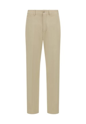 Beige-housut suoranlahkeisella muotoilulla, valmistettu sileästä kankaasta. Varustettu nappikiinnityksellä ja sivutaskuilla. Ei näkyviä kuvioita tai koristeita.
