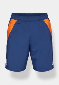 Pantaloni sportivi blu navy con pannelli laterali arancioni, vita elastica e logo bianco. Realizzati in tessuto leggero e traspirante.