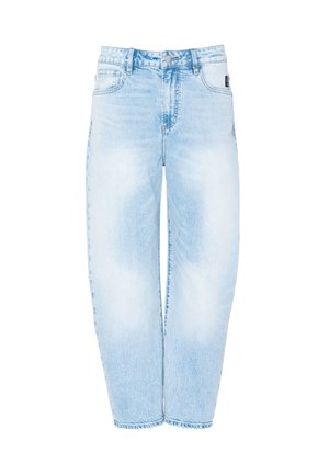 Hellblaue Jeans aus Denim mit hoher Taille, vorderem Knopfverschluss und fünf Taschen, mit leicht ausgewaschenem Look und geradem Bein.
