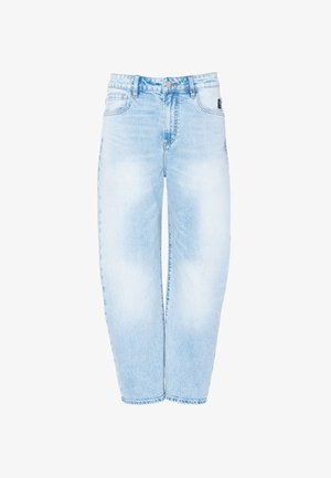 Světle modré džínové kalhoty s vysokým pasem, předním zapínáním na knoflíky a pěti kapsami, s lehce vybledlým efektem a rovnými nohavicemi.