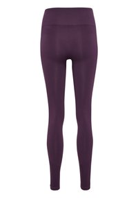 Lila hoch geschnittene Leggings mit einer glatten Textur und einem verstärkten Bund mit einem Chevron-Muster auf der Rückseite für zusätzlichen Halt.