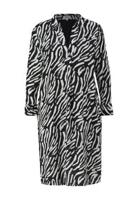Schwarz-weißer Langarmkleid mit einem zebraähnlichen Muster, aus leichtem Stoff, offenem Kragen und Seitentaschen.