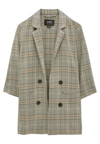 Dvoudílný kostkovaný blazer v béžové, hnědé a černé barvě. Má krátké rukávy, dvě přední kapsy a černé knoflíky. Texturovaná látka.