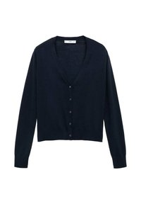 Cardigan in maglia blu navy con scollo a V, maniche lunghe e chiusura frontale con bottoni. Presenta un orlo a coste e una texture.