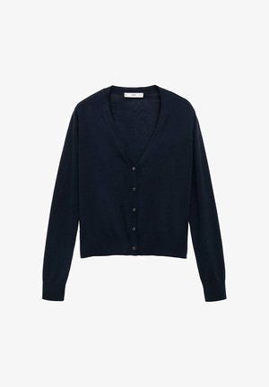 Marineblå strikket cardigan med v-udskæring, lange ærmer og knaplukning foran. Har ribbet kant og struktur.