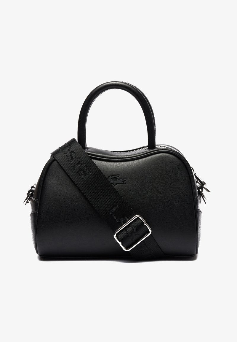 Borsa a tracolla in pelle nera con forma arrotondata, doppi manici e cinturino regolabile con logo in rilievo. Texture liscia con accessori in argento.